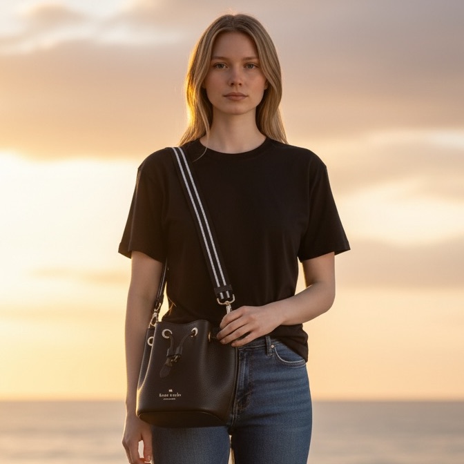 Kate Spade Rosie Black Pebbled Leather Mini Bucket Bag Kc740